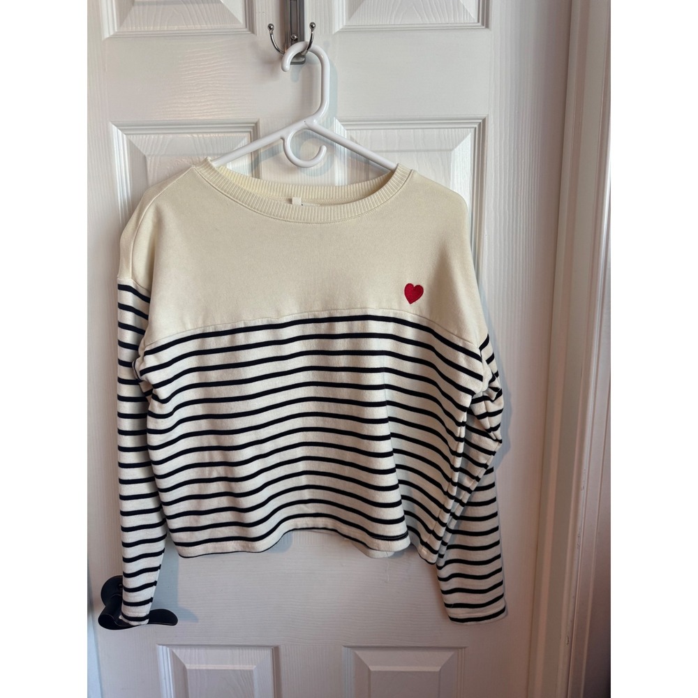 Workshop Republic Clothing Women's Striped Sweatshirt Heart Patch Crewneck Large